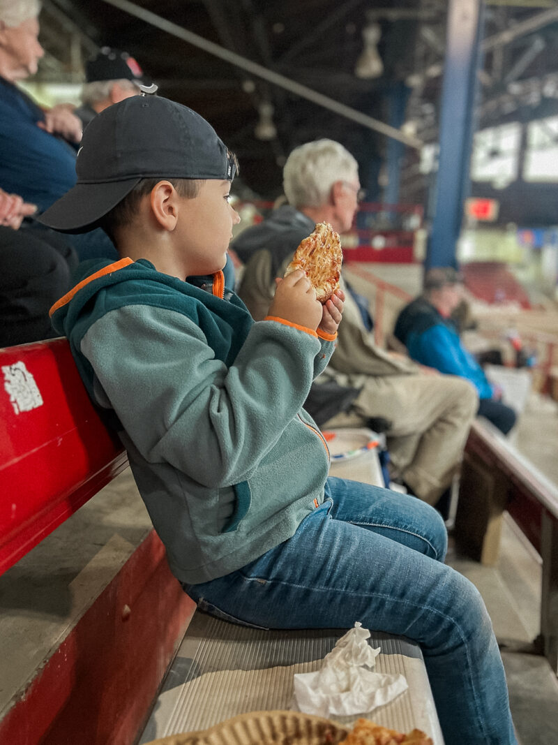 We can all enjoy watching horses while eating fair food. New York State Fair pizza and more.